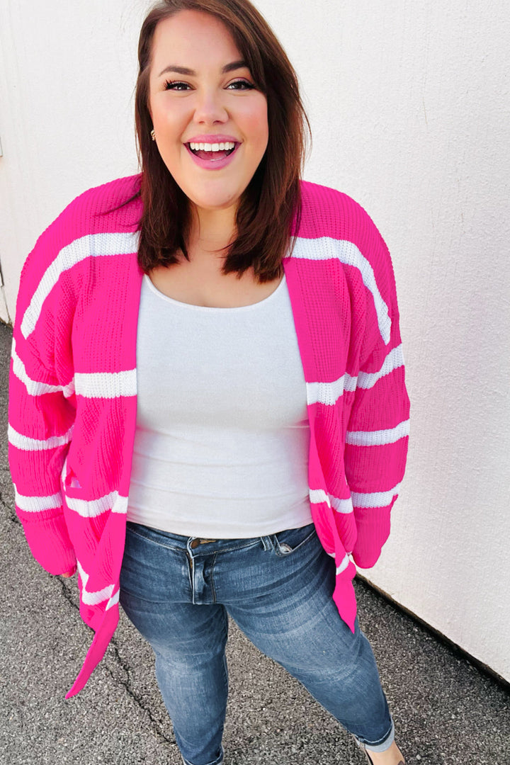 Hot Pink Stripe Open Sweater Cardigan