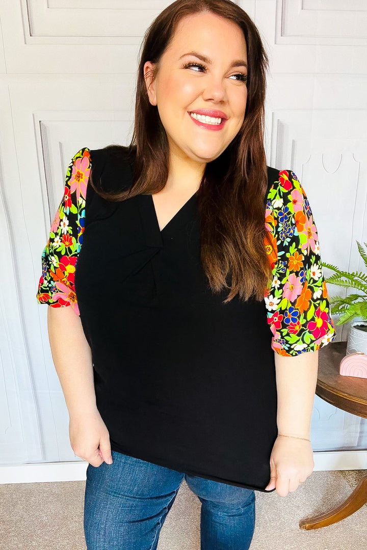 Eyes On You Black Floral Puff Sleeve V Neck Top