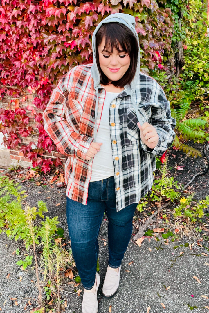 All Put Together Rust/Charcoal Plaid Colorblock Hoodie Shacket