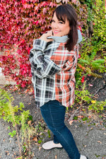 Rust & Charcoal Plaid Colorblock Hoodie Shacket