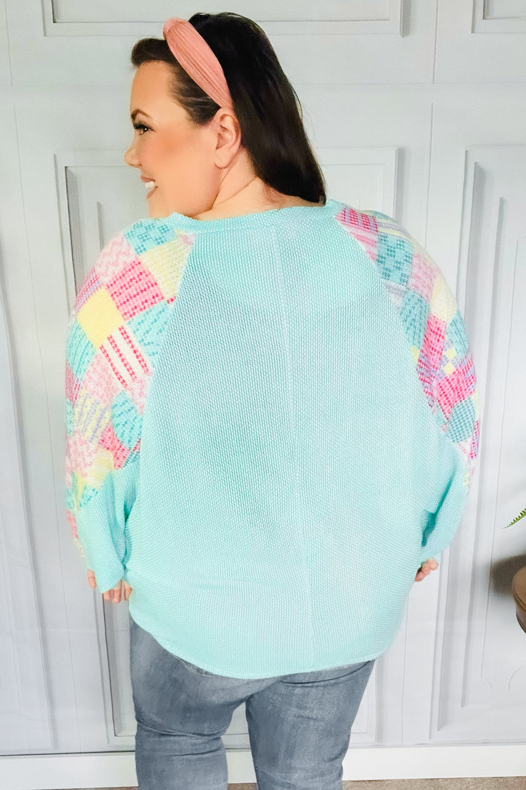 Always Fun Mint Patchwork Print Dolman V Neck Top