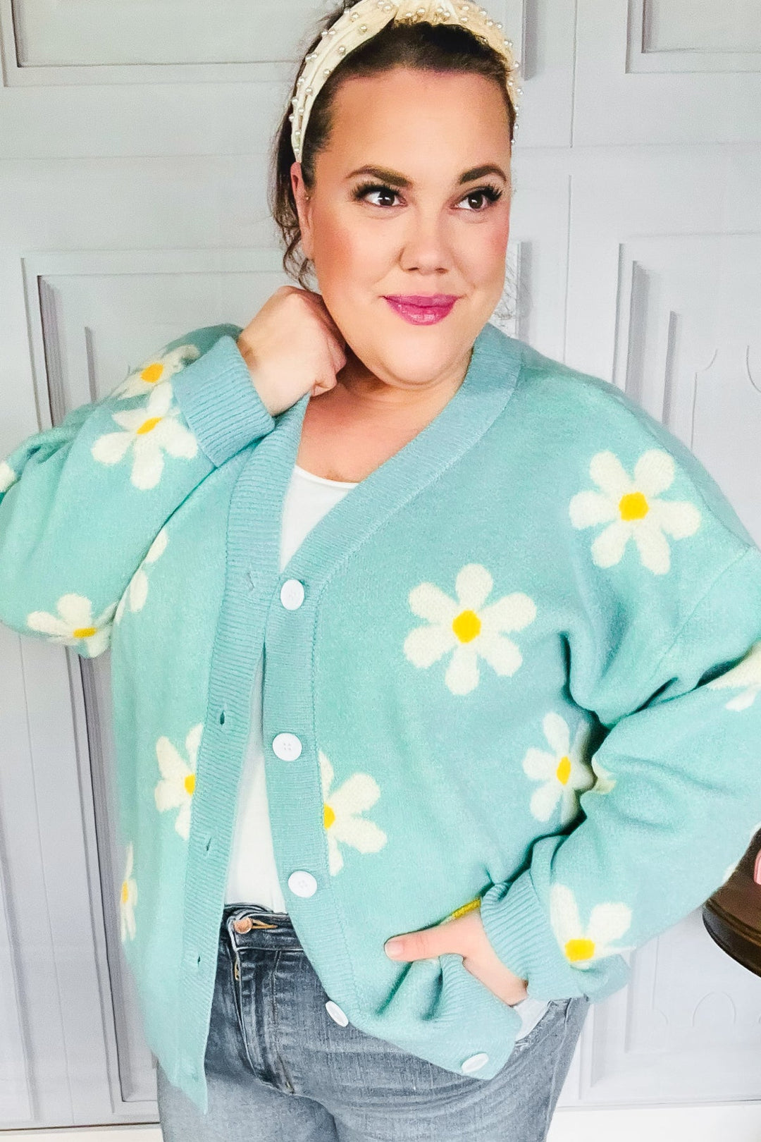 All For Love Mint Daisy Print Button Down Knit Cardigan