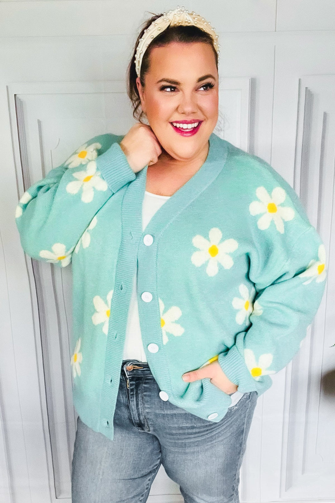 All For Love Mint Daisy Print Button Down Knit Cardigan