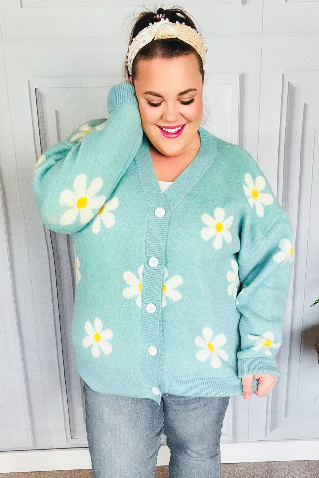 All For Love Mint Daisy Print Button Down Knit Cardigan