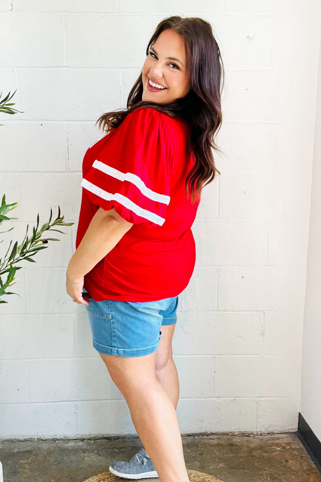 Stand Out Red "TOUCHDOWN" Sequin Bubble Sleeve Game Day Top