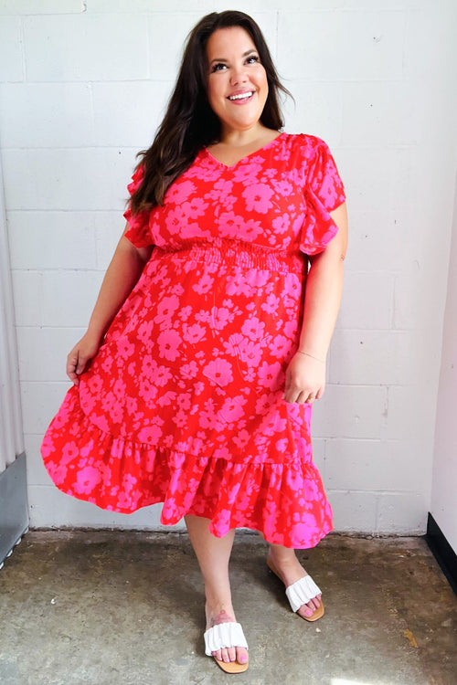 Remember Me Red & Pink Floral Print Smocked Waist Midi Dress