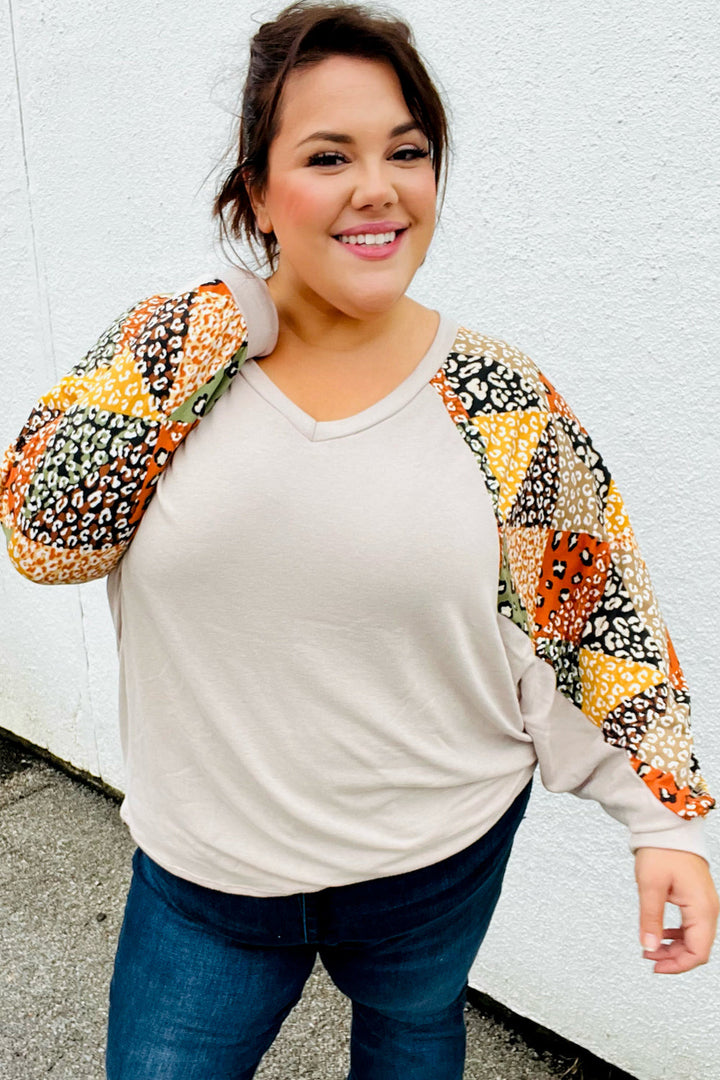 Taupe Animal Patchwork Print Dolman V Neck Top