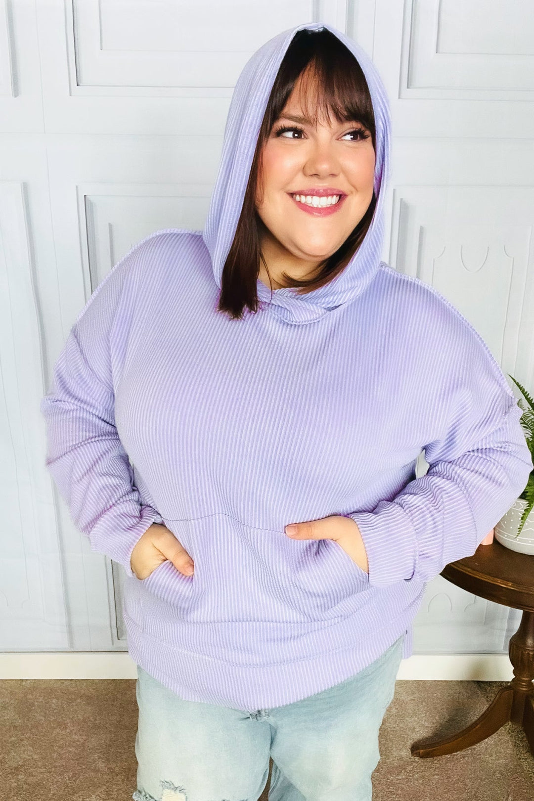 Weekend Ready Lavender Mineral Wash Rib Knit Hoodie