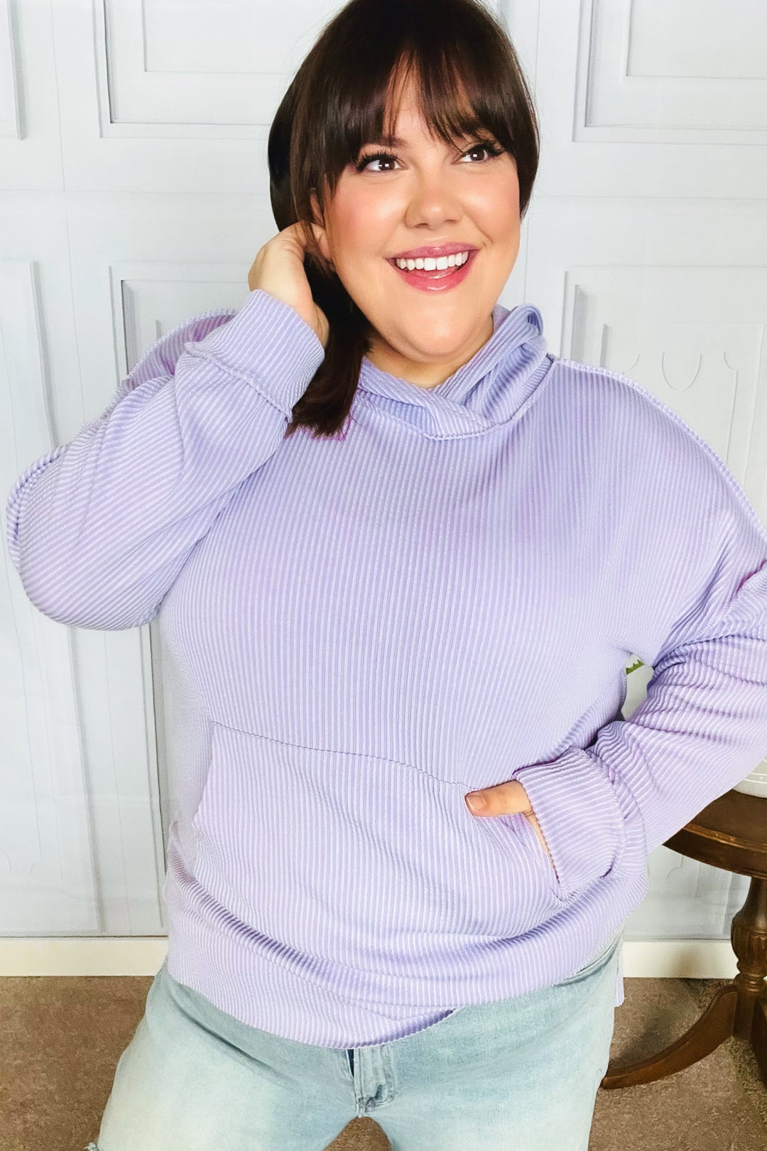 Weekend Ready Lavender Mineral Wash Rib Knit Hoodie