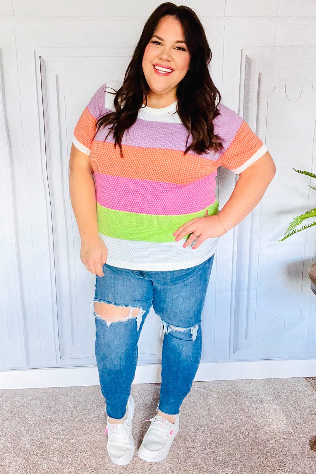 Get Started Lavender & Orange Stripe Jacquard Sweater Top