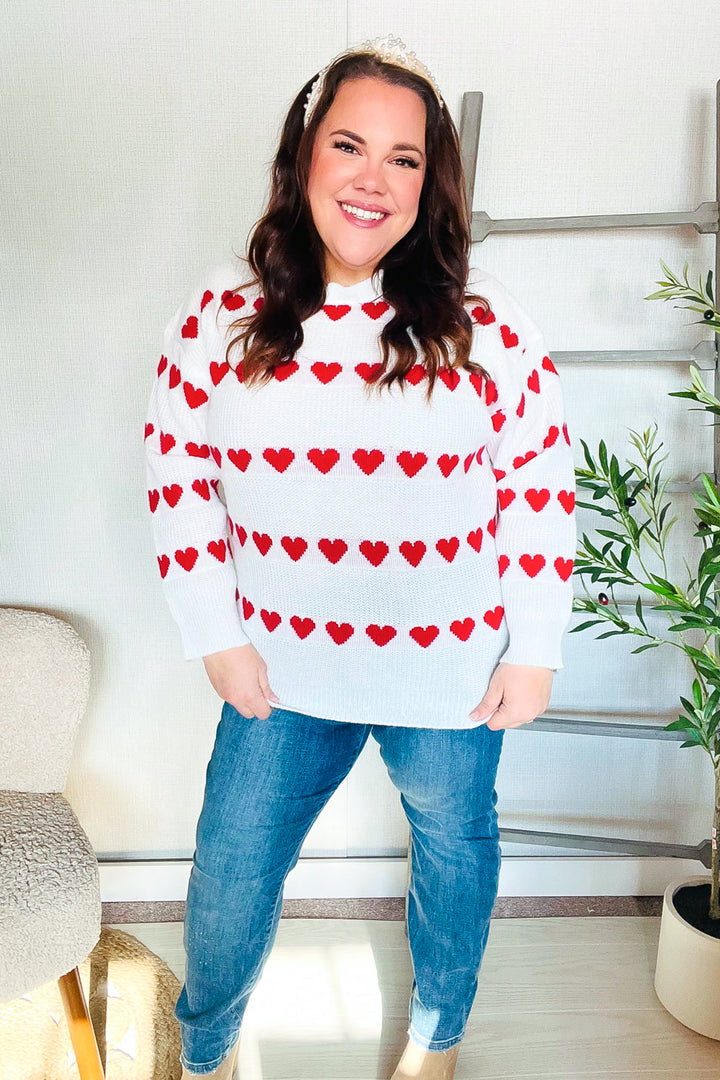 Be Mine White Jacquard Heart Stripe Pullover Sweater