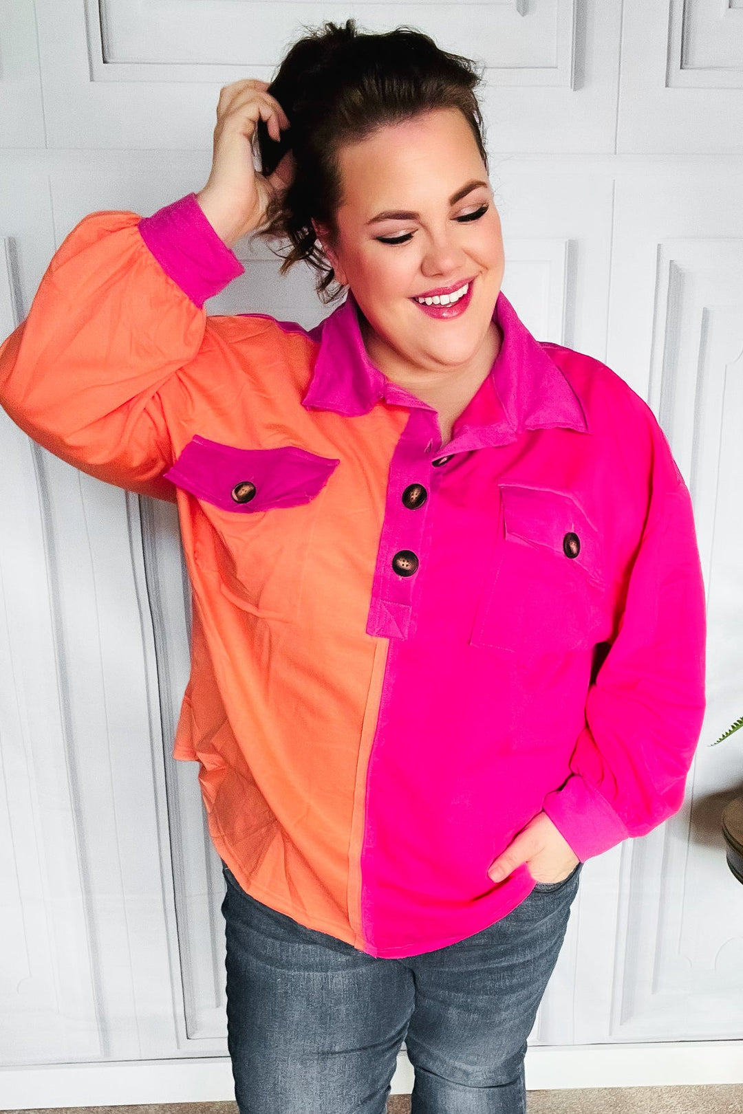 Feeling Bold Orange & Fuchsia Color Block Button Down Top