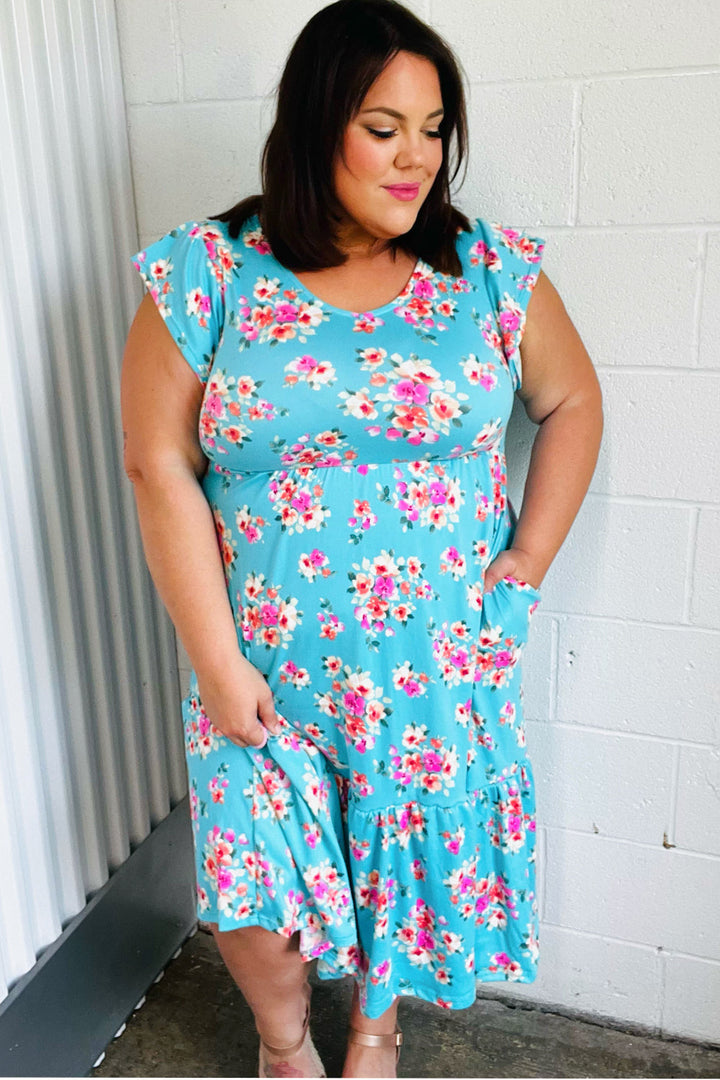 Aqua Floral Elastic Waist Fit & Flare Ruffle Midi Dress