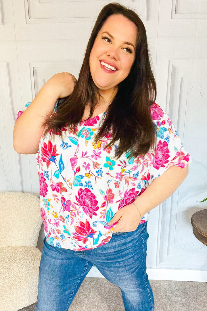 Embrace The Day Ivory & Fuchsia Floral V Neck Woven Top