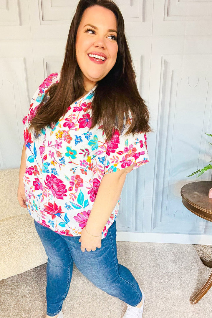 Embrace The Day Ivory & Fuchsia Floral V Neck Woven Top