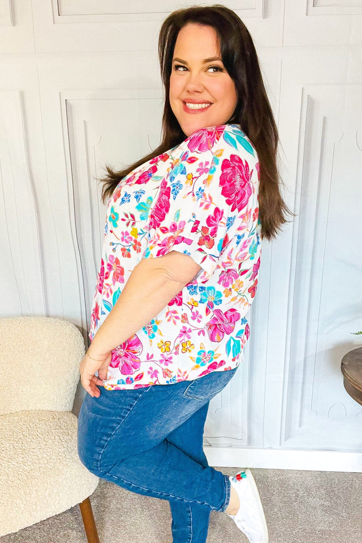 Embrace The Day Ivory & Fuchsia Floral V Neck Woven Top