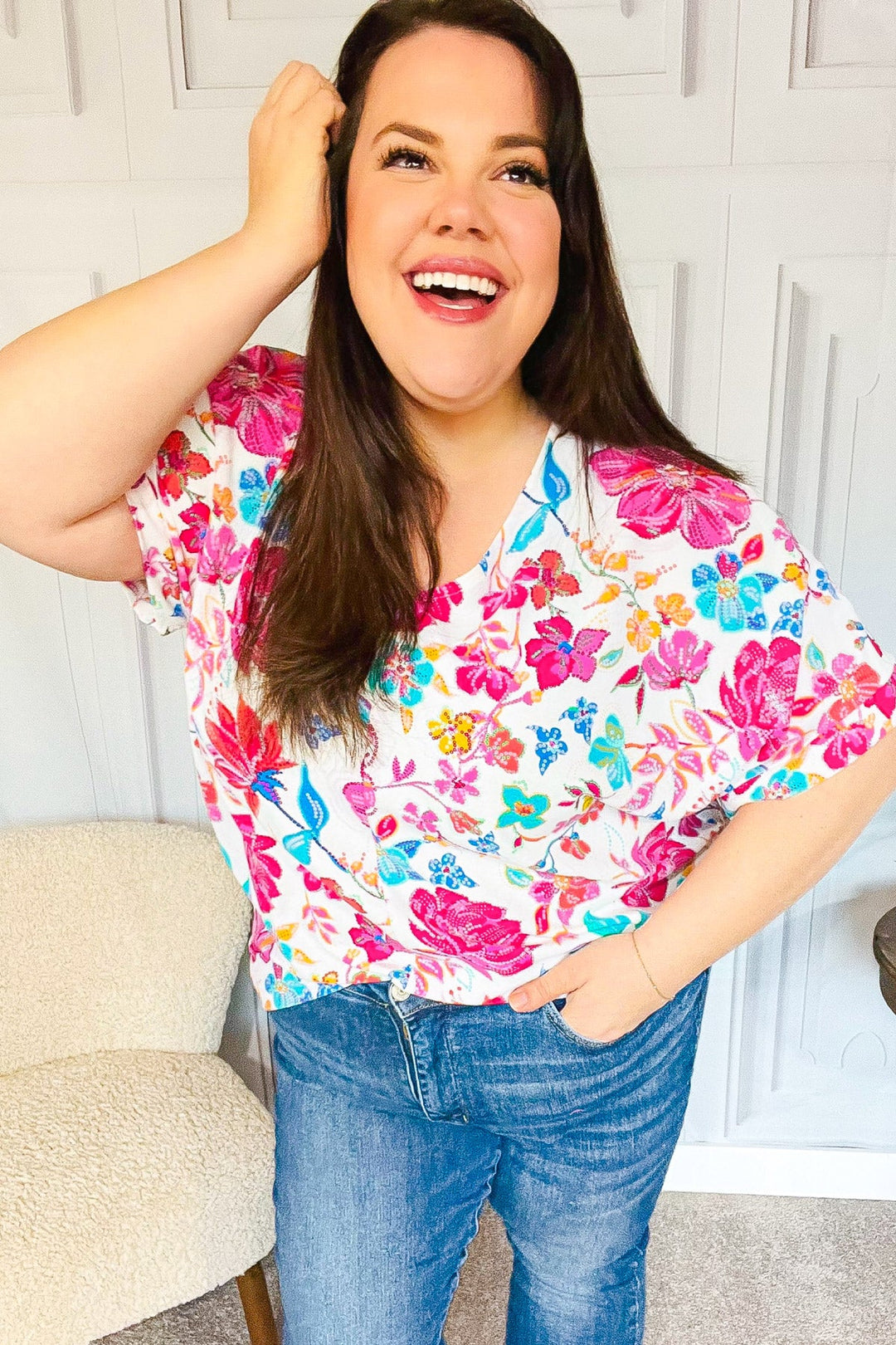 Embrace The Day Ivory & Fuchsia Floral V Neck Woven Top