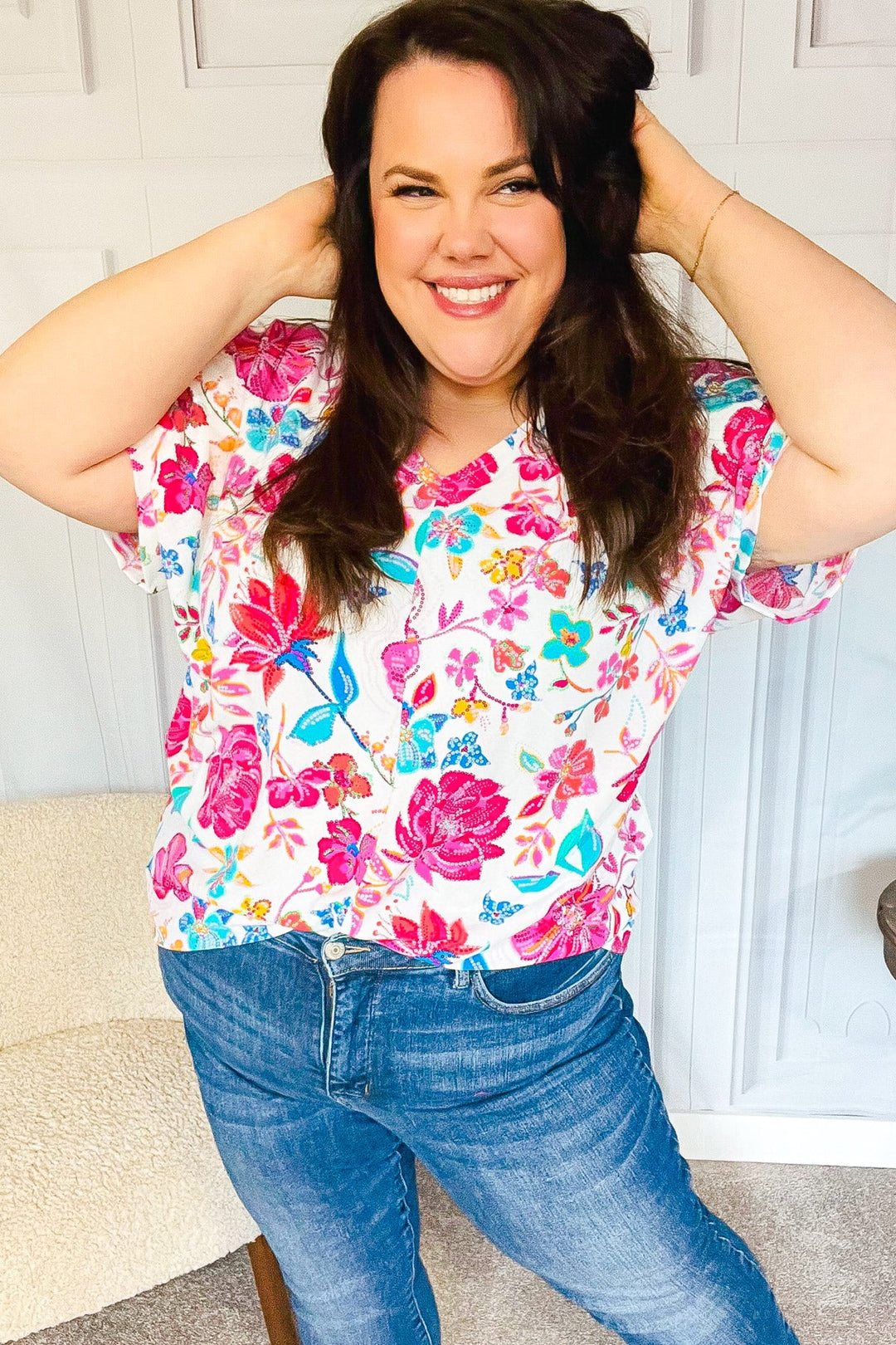 Embrace The Day Ivory & Fuchsia Floral V Neck Woven Top