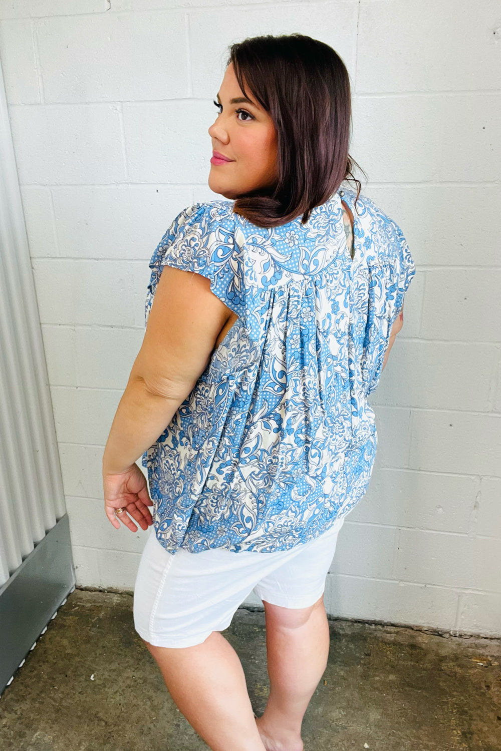 Blue & Ivory Paisley Mock Neck Flutter Sleeve Top