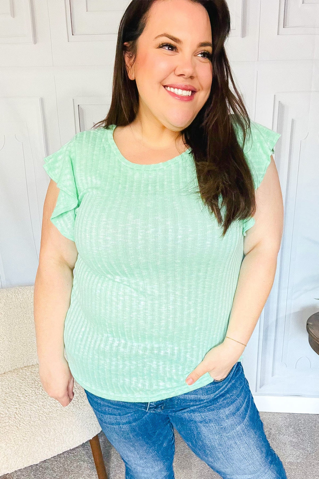 Hello Beautiful Mint Two-Tone Wide Rib Ruffle Sleeve Top