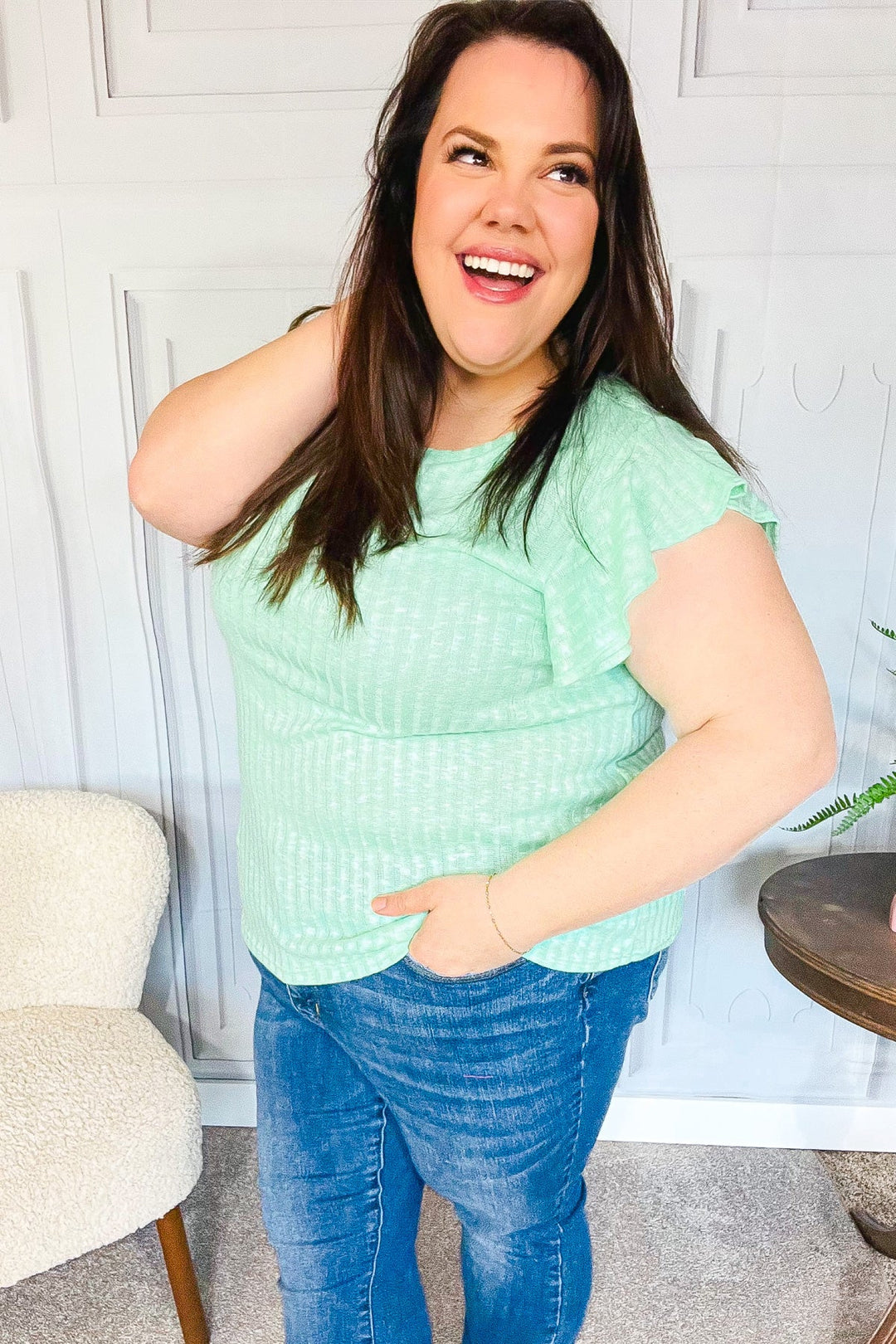 Hello Beautiful Mint Two-Tone Wide Rib Ruffle Sleeve Top