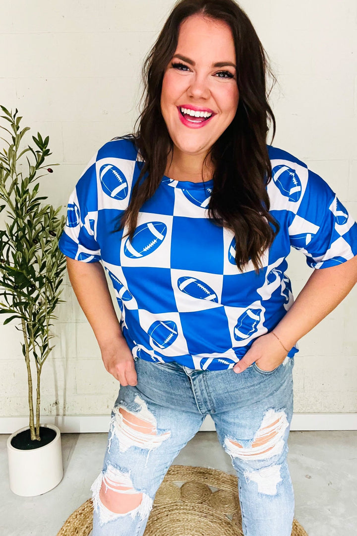 Turn Up The Volume Blue Football Checker Print Top