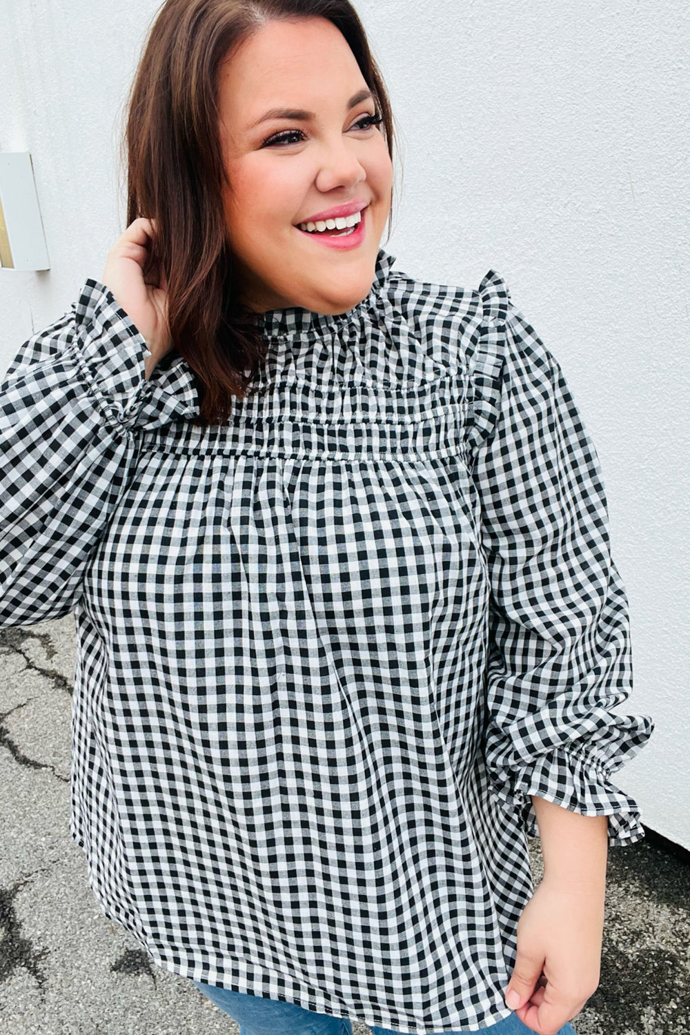 Black Gingham Shirred Yoke Mock Neck Frilled Top