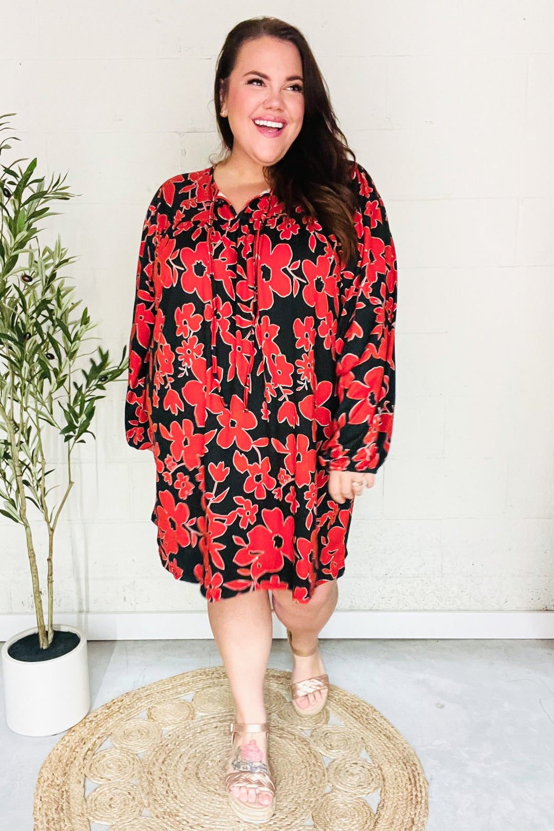 Boldly You Rust & Black Floral Print Front Tie Dress