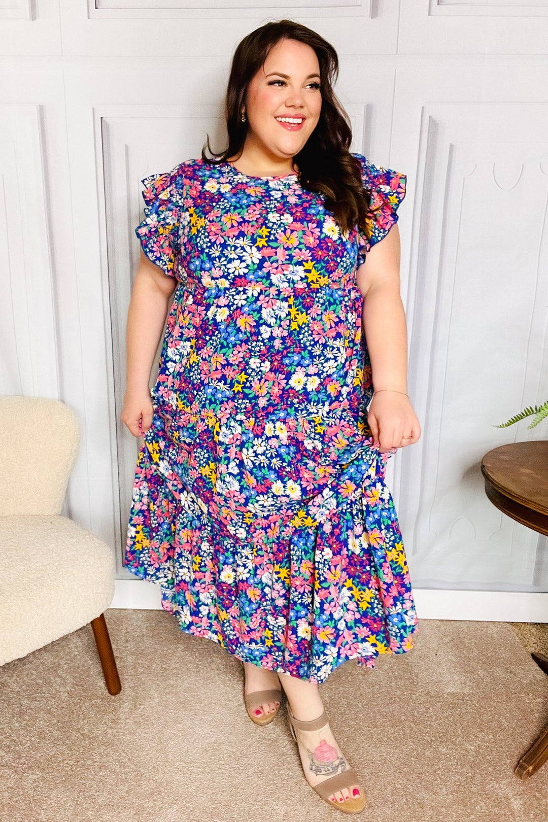 Just A Dream Navy Floral Smocked Ruffle Sleeve Maxi Dress