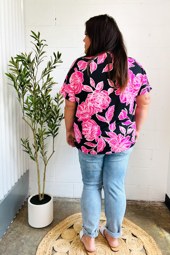 Tropical Vibes Black & Hot Pink Floral V Neck Top