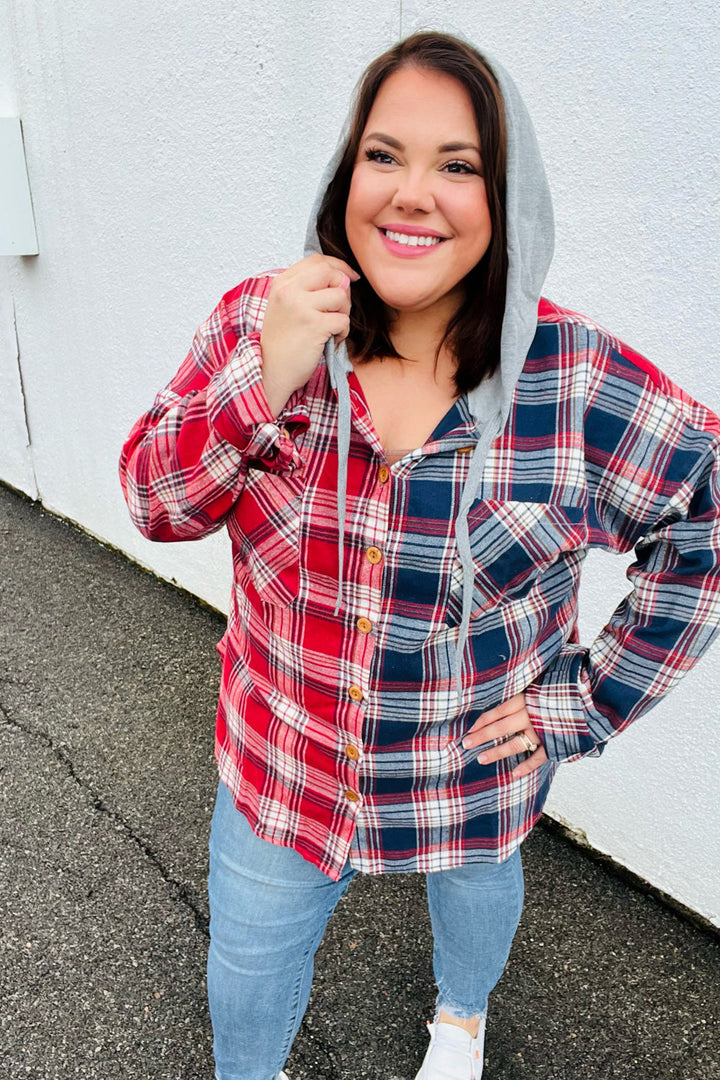 Face the Day Red/Navy Plaid Color Block Hoodie Shacket