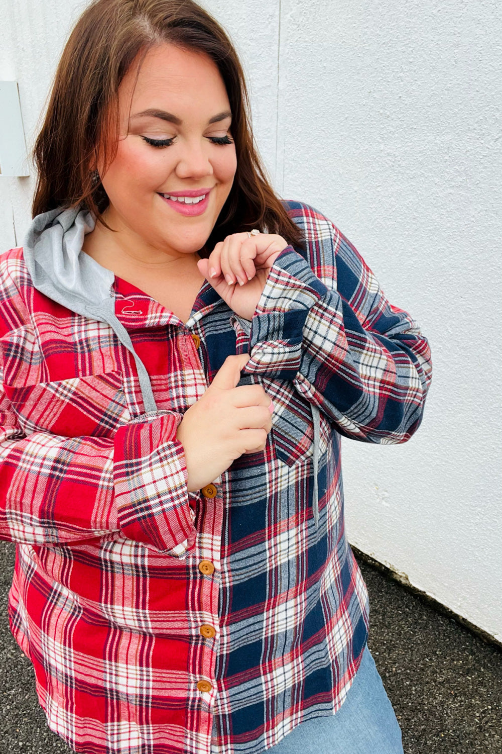 Face the Day Red/Navy Plaid Color Block Hoodie Shacket