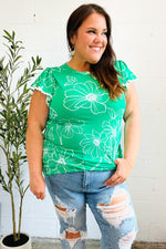 Follow Me Emerald Floral Ric Rac Trim Flutter Sleeve Top