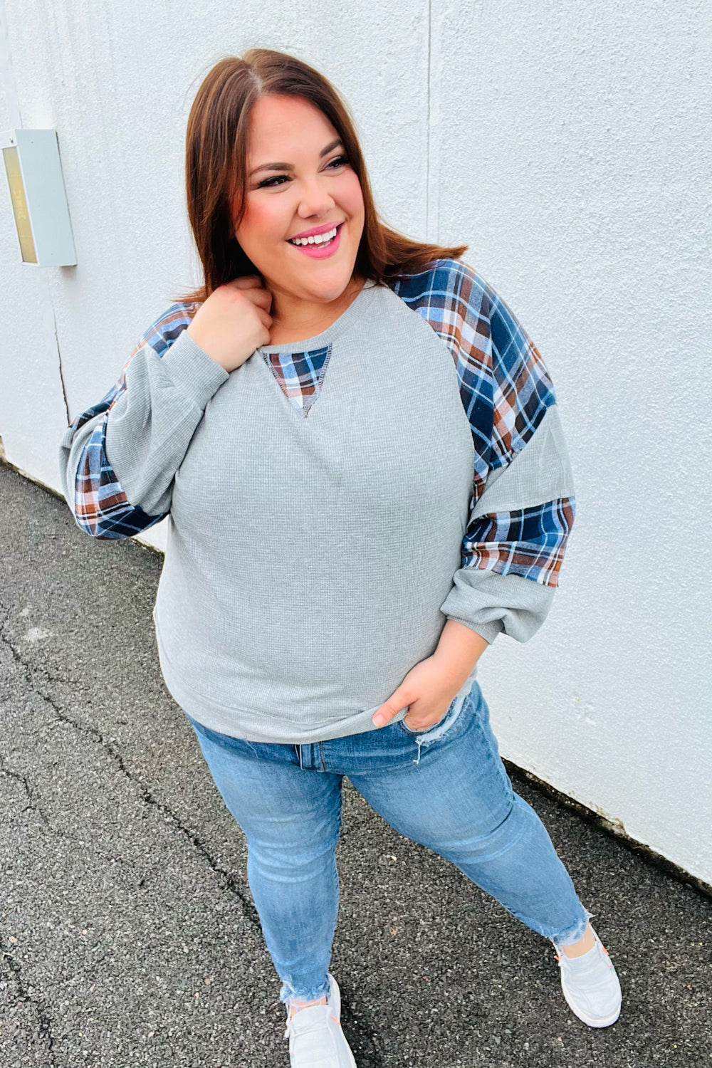 Face The Day Grey/Navy Plaid Thermal Raglan Pullover