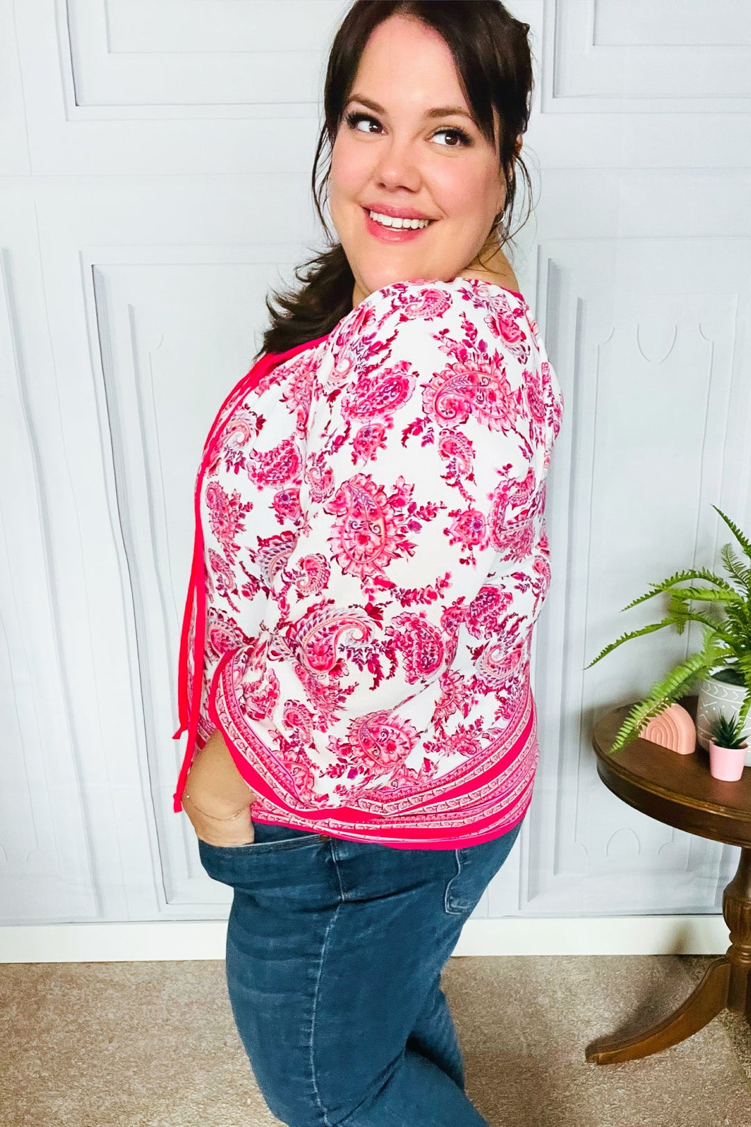 Make A Statement Fuchsia Paisley Boho Front Tie Top