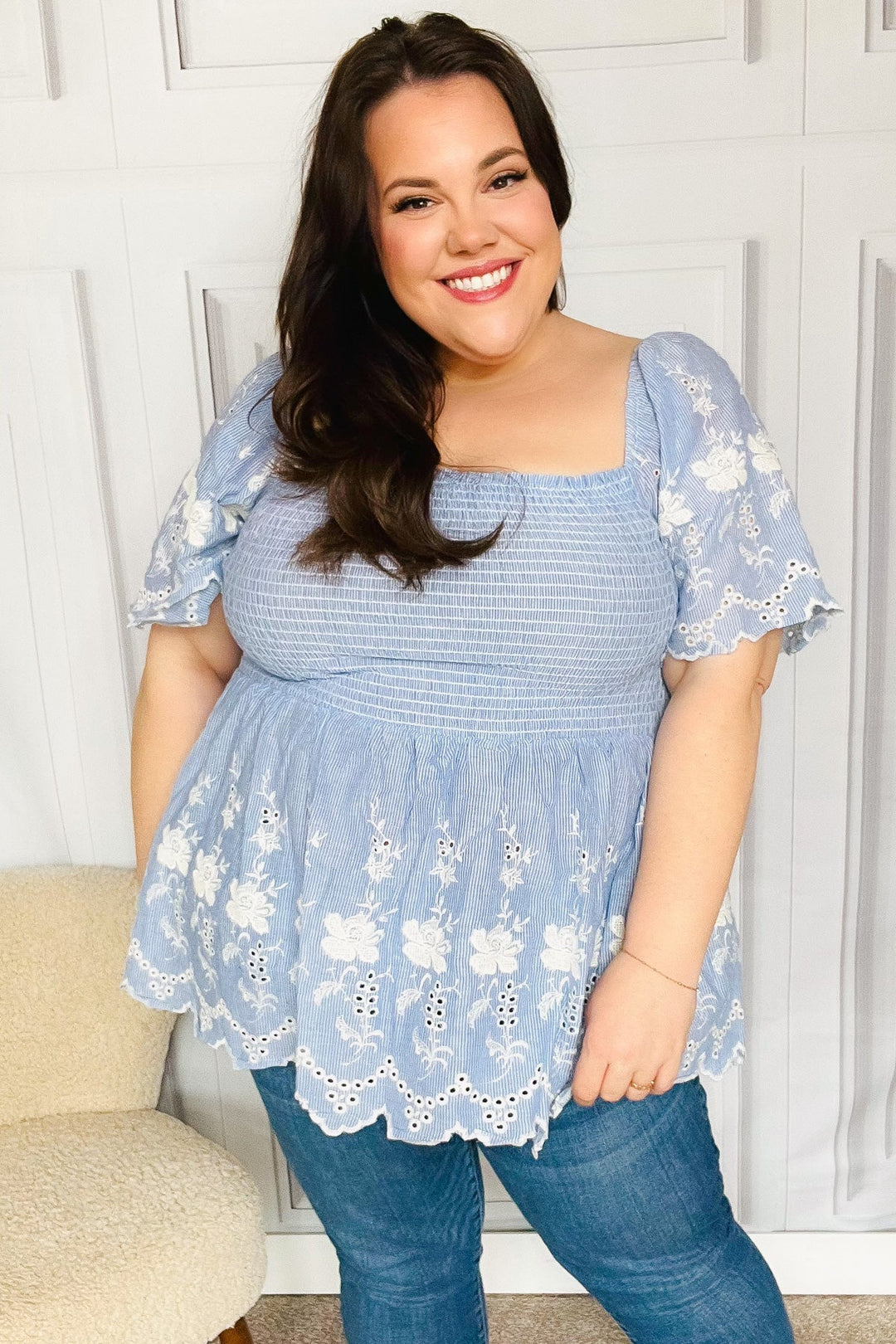 Just A Dream Blue Smocked Floral Embroidered Babydoll Top