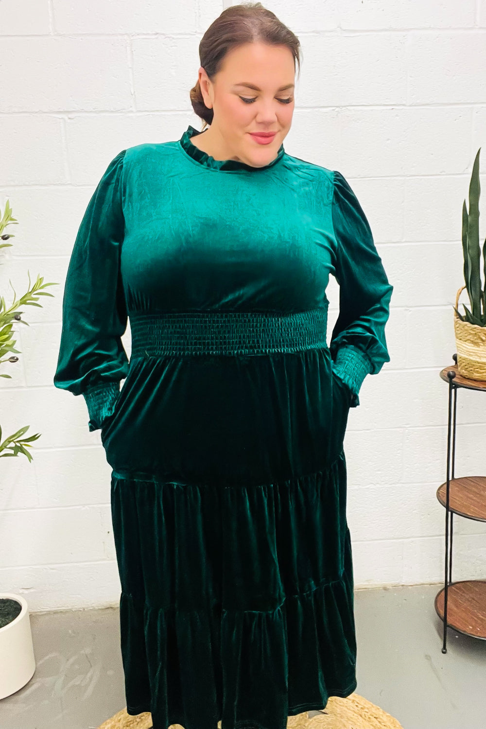 Holiday Dreaming Hunter Green Velvet Mock Neck Smocked Waist Dress