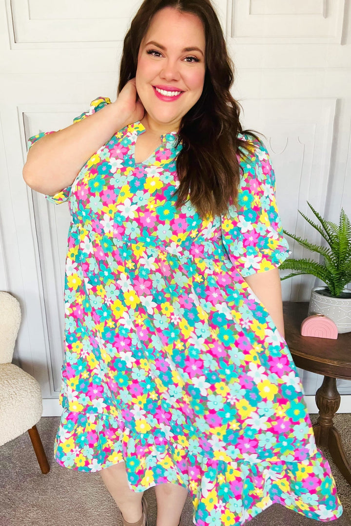 Can't Say No Mint & Fuchsia Floral Notch Neck Bubble Sleeve Dress