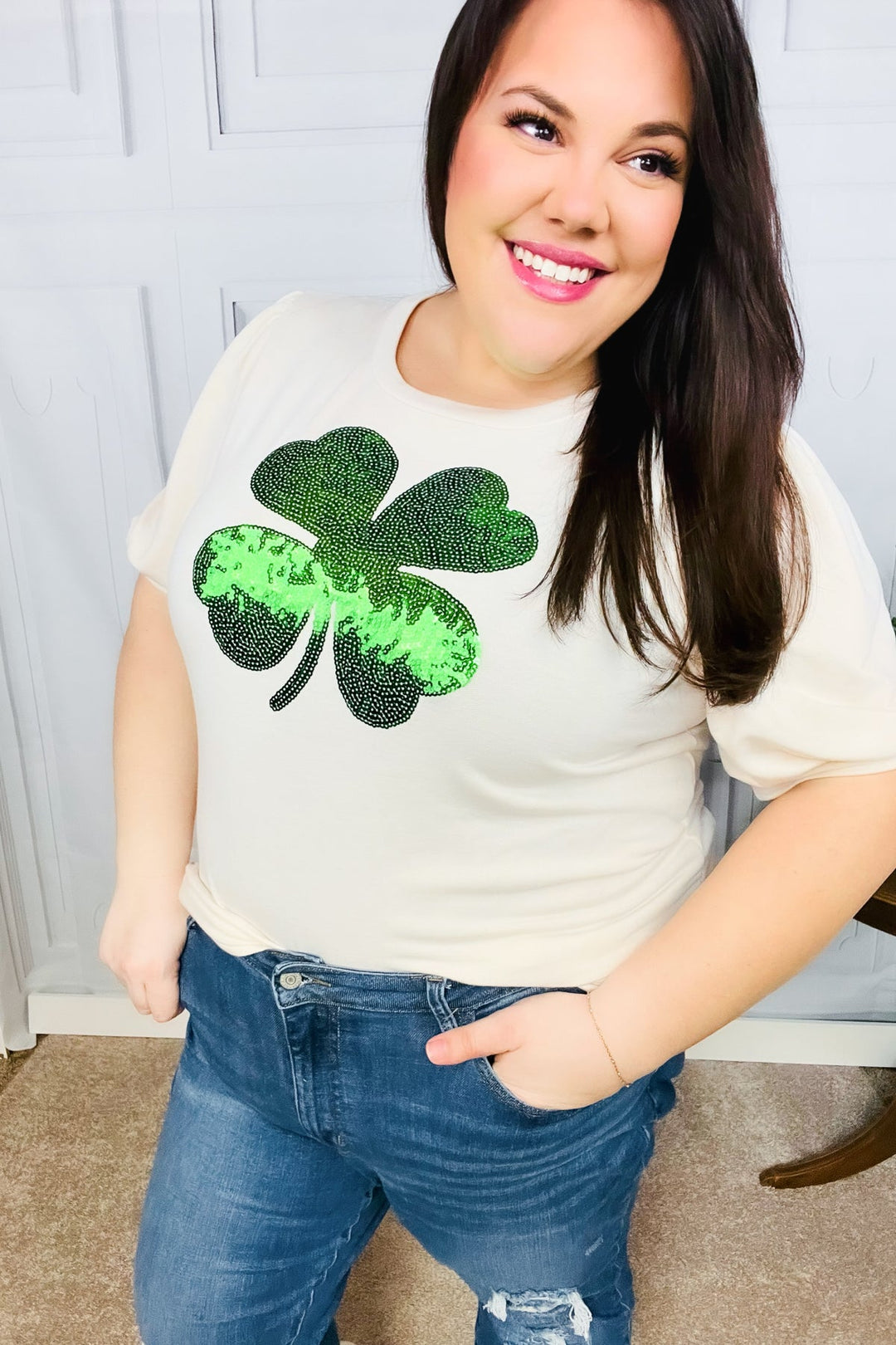 Saint Patty Sequin Clover French Terry Puff Sleeve Top