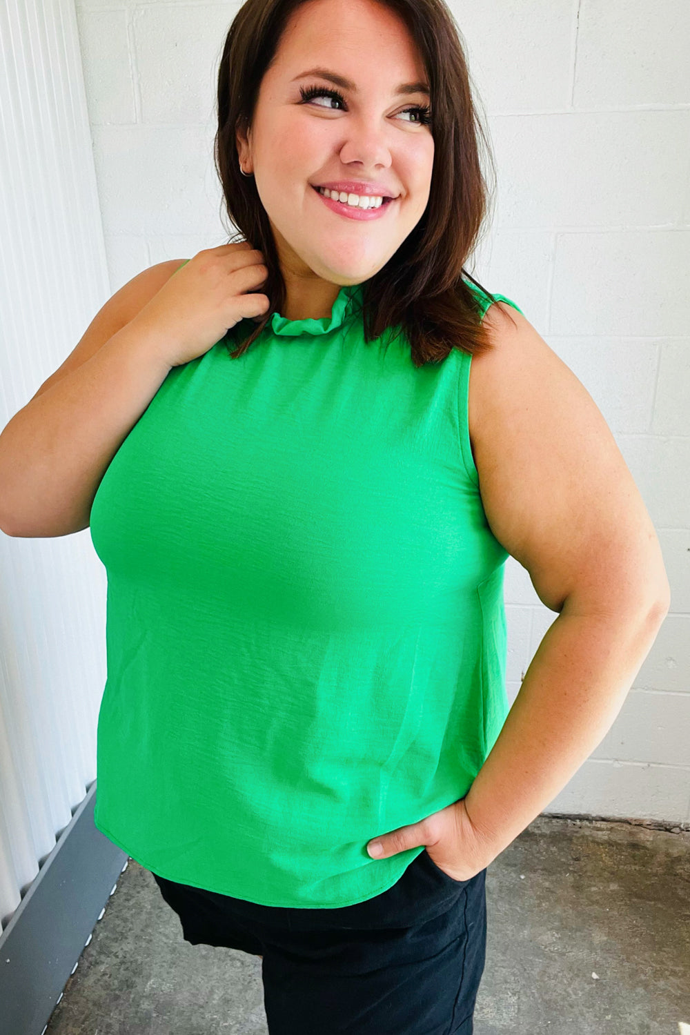 Sea Green Frill Mock Neck Crinkle Top