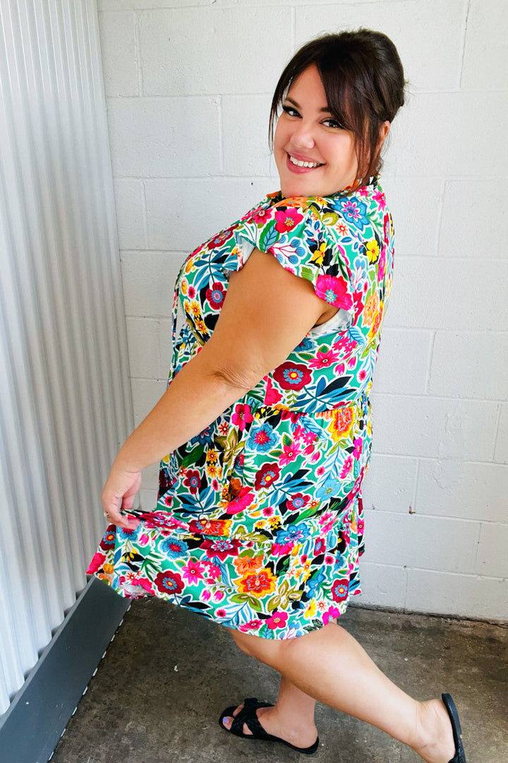 Green & Fuchsia Floral Fit and Flare Dress