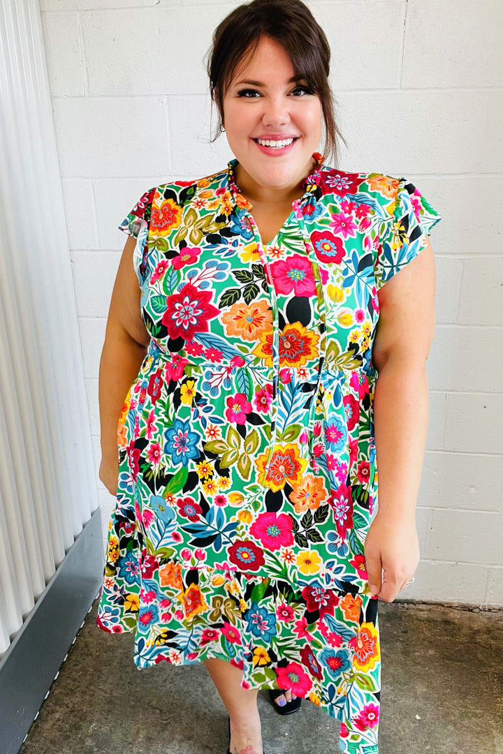 Green & Fuchsia Floral Fit and Flare Dress