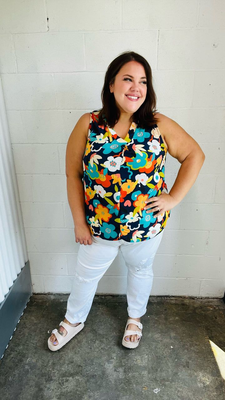 Navy Flat Floral Banded V Neck Sleeveless Top