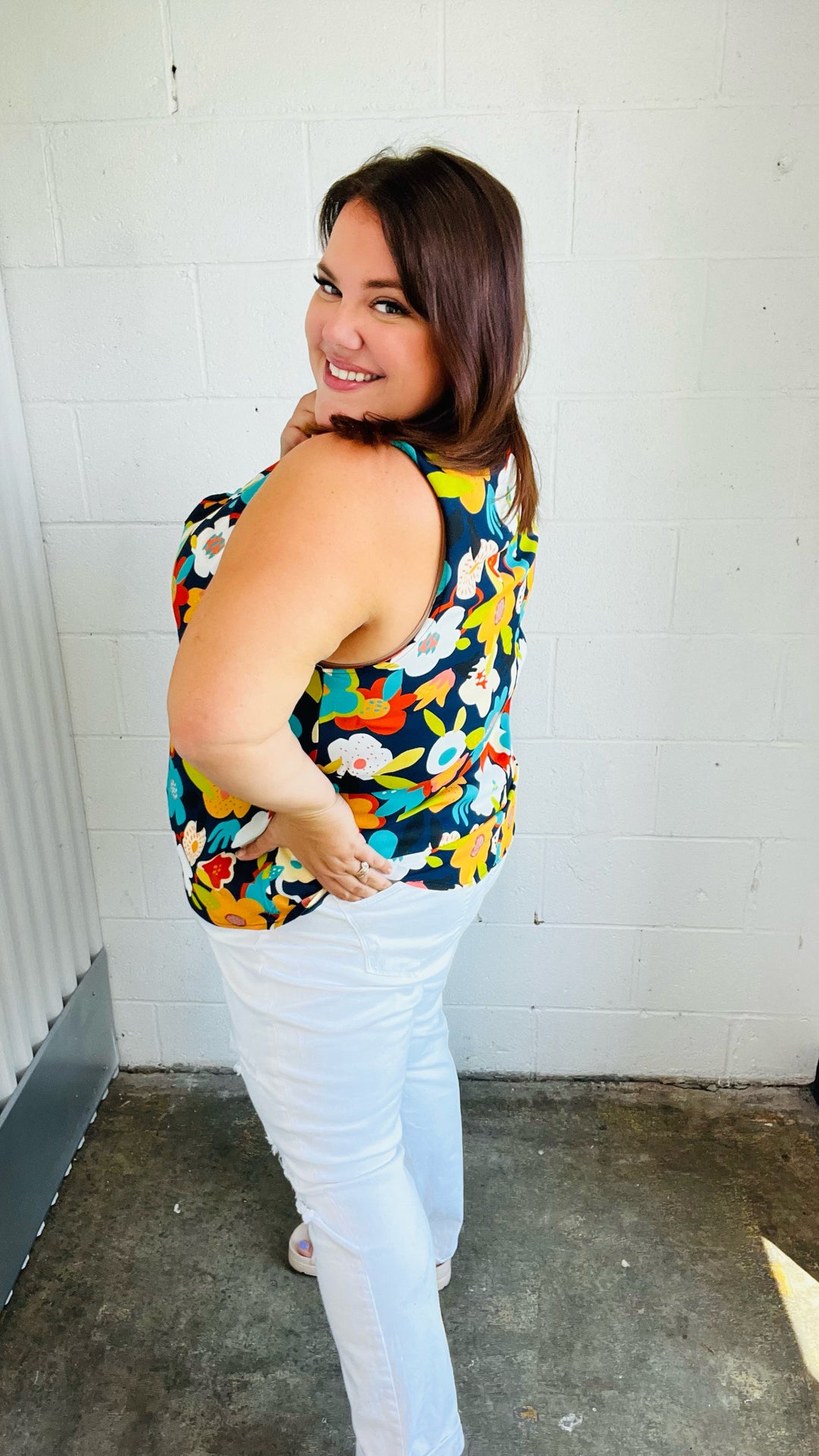 Navy Flat Floral Banded V Neck Sleeveless Top