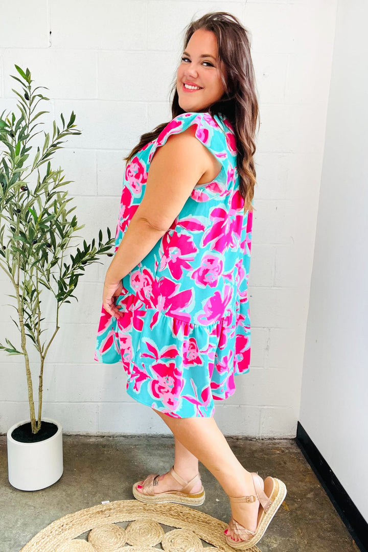 Diva Dreaming Aqua & Fuchsia Floral Print Tiered Ruffle Sleeve Dress