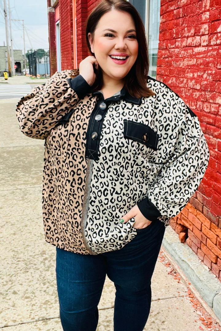 Fun Days Ahead Camel Leopard Color Block Button Down Pullover