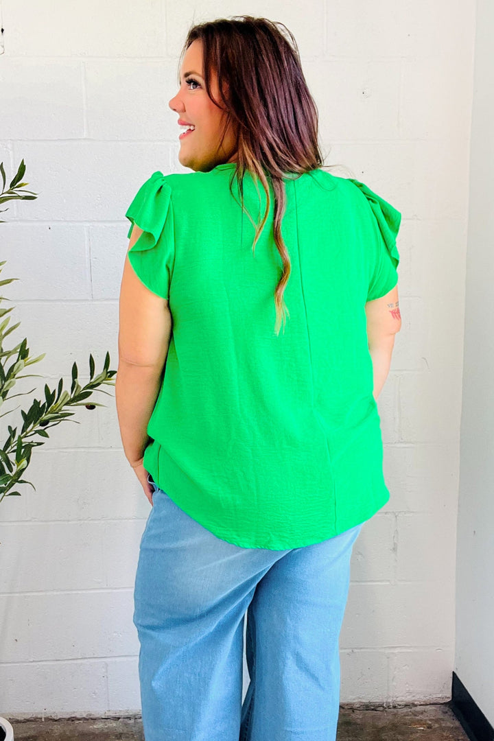 Sunny Days Kelly Green Banded V Neck Flutter Sleeve Top