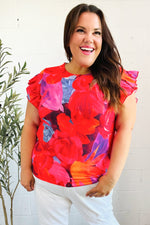 Look of Love Red & Fuchsia Floral Smocked Ruffle Frill Sleeve Top
