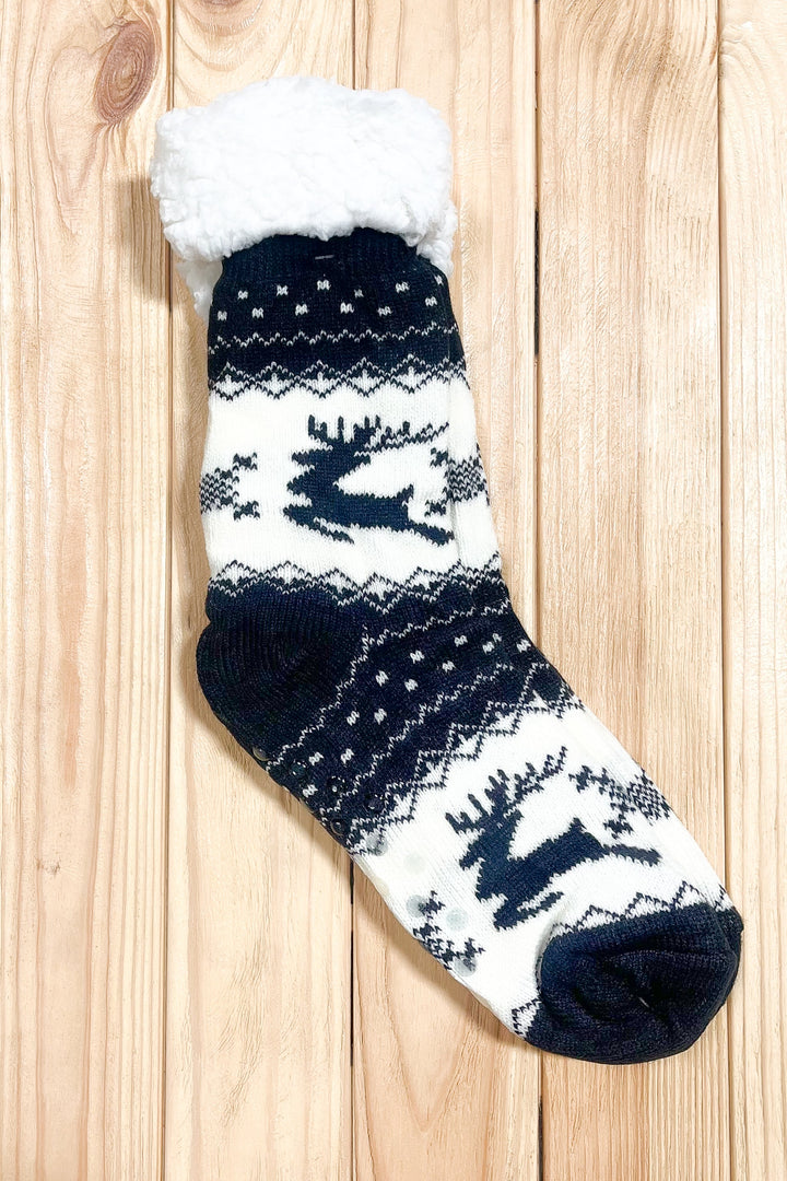 Black Reindeer Sherpa Traction Bottom Slipper Socks