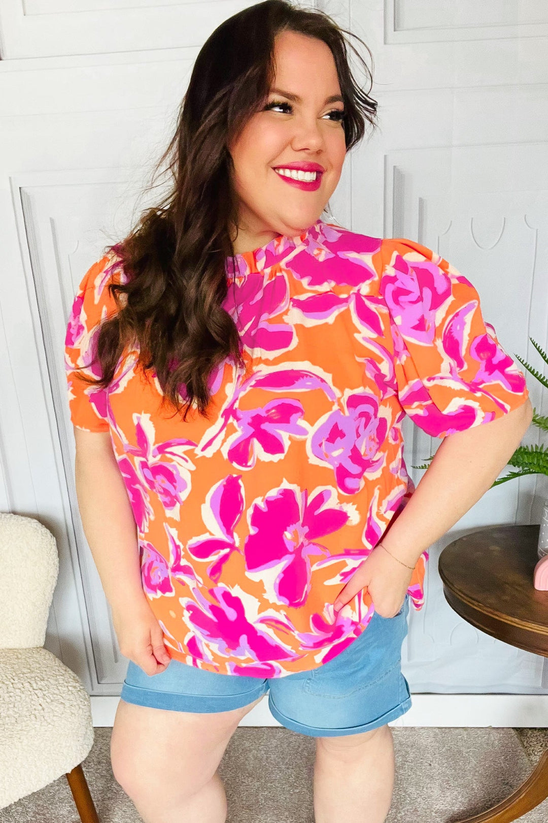 Feel Your Best Fuchsia Orange Floral Print Frill Mock Neck Top